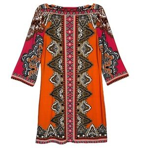 SALE! ECI New York Sheath Dress 8 Orange 3/4 Sleeves Slinky Knit Above Knee 150